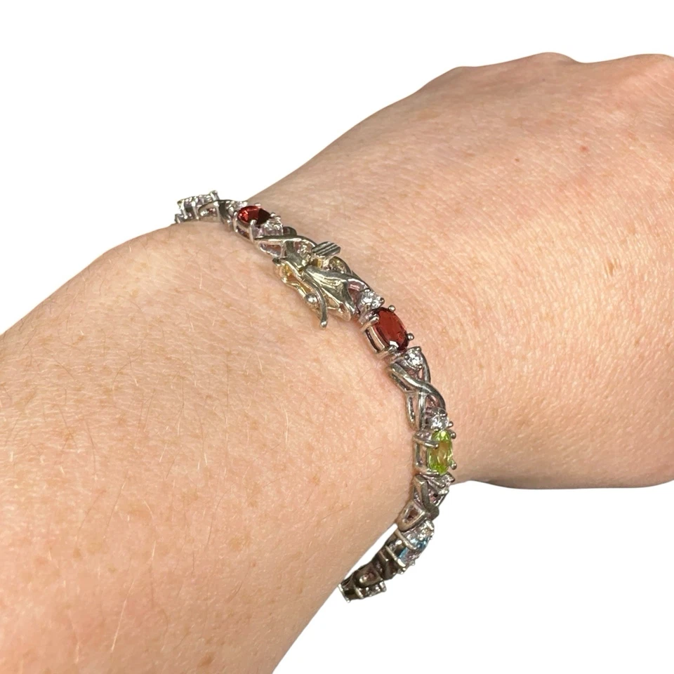 DBJ Vintage Sterling Silver 925 Multi Colored Gemstone XO Tennis Bracelet 7.5” - Image 3 of 4