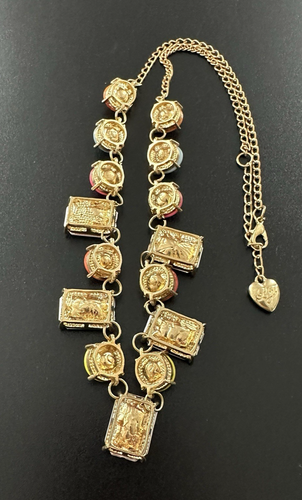 Signed Betsey Johnson Necklace Colorful Round and Emerald Cuts GoldPlated #156 - Picture 2 of 7