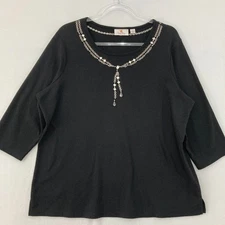 Quacker Factory Top size XL Black Embellished Stretch Knit 3/4 Sleeve Comfy
