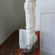 White Leg Warmers OSFM crochet warm thick chunky over the knee dance premade