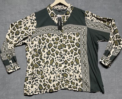 Tolani collection women s button-down long sleeve shirt green Leopard Print 1X