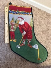 Vintage Needlepoint Golfing Santa Christmas Stocking