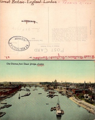 Vintage London The Thames From Tower Bridge Postcard Divided Back Library Stamp