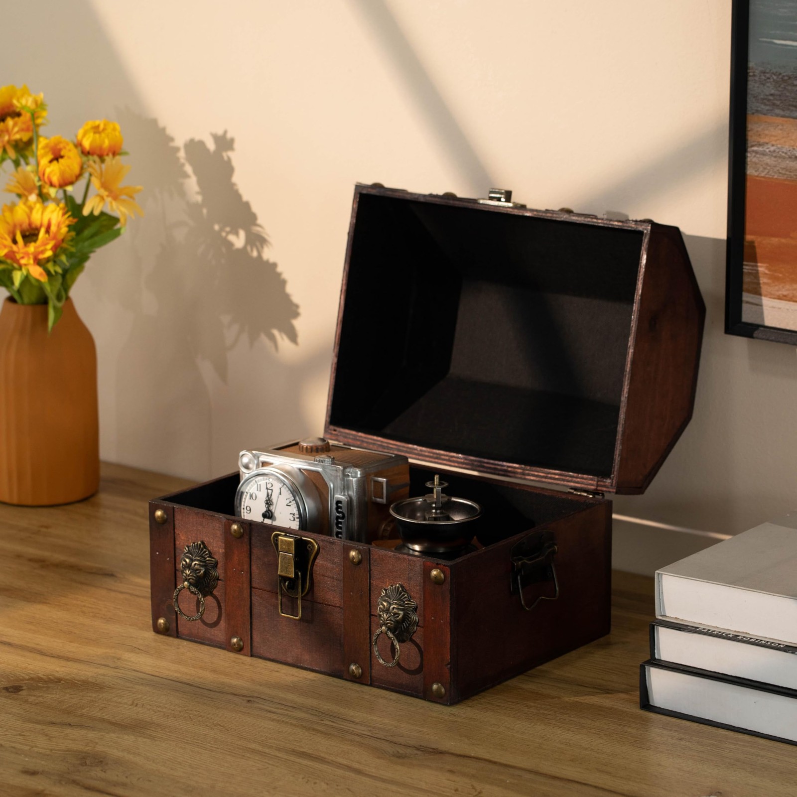 Antique Wooden Pirate Chest with Lion Rings