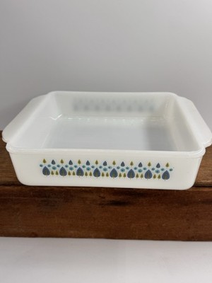Vintage MCM Fire King Alpine Swiss Chalet 8x8 Square Milk Glass Cake Baking Dish
