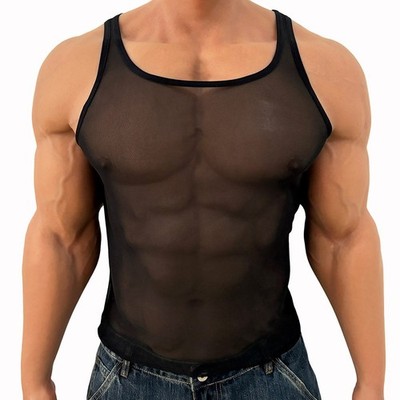Herren Klassisches Mesh Tank Top U-Ausschnitt Ärmellos Crop Weste Einfarbig Schwarz Weiß
