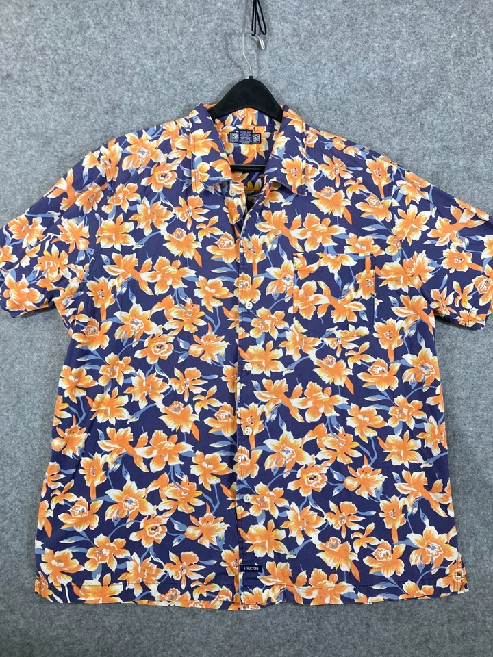 Camisa Hawaiana Estructura Abotonada Para Hombre XL Azul Naranja Floral Manga Corta Playa Foto 3 de 4