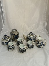 Vintage Crackle Glazed Chinese Tea Set 15 pieces- Demitasse Cups- Blue And White