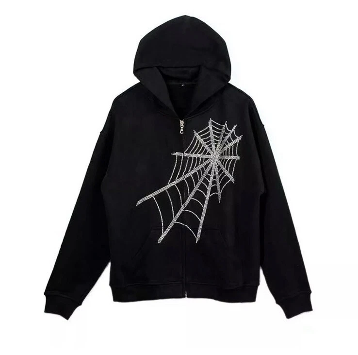 Hoodie - Women's -Oversized -XXL -Zipper -Rhinestone -Spiderweb -Gothic Harajuku
