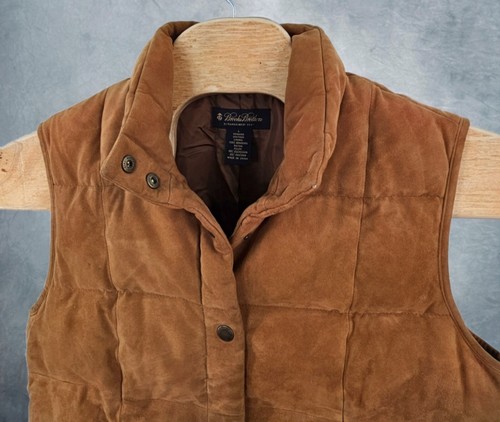 Brooks Brothers Brown Genuine Leather Puffer Vest Size Large DuckDown Button Up - Picture 2 of 10