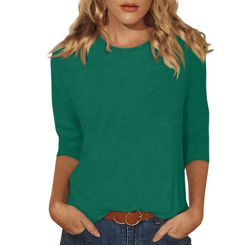 Women's Fashion Casual Three Quarter Sleeve T-Shirt Solid Color O-Neck Tops - Picture 17 of 30