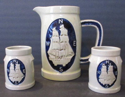 VINTAGE 1960 s Inarco Ceramic Sailing Ship & Compass Pitcher & 2 Cups - Japan 