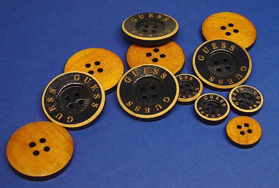 GUESS replacement buttons 12 painted wood 4hole signature buttons Fair used Cond - Image 4 of 4