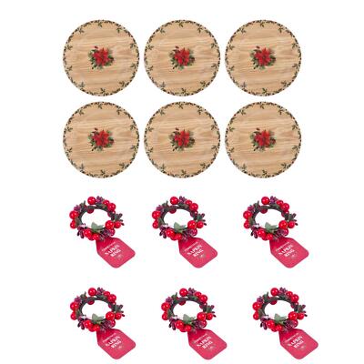 6 Tischsets und Serviettenring Set Christmas Joy Rot Beere Rund Festlich Xmas