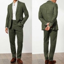 Green Men's Linen Suit Summer Business Casual Style Workwear Notch Lapel Jacket