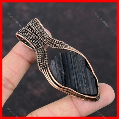 Valentines Sale Copper Black Tourmaline Rough Stone Wire Wrapped Pendant Jewelry