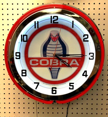 19'' Red COBRA Snake Sign Double Neon Chrome Clock Shelby Mustang 