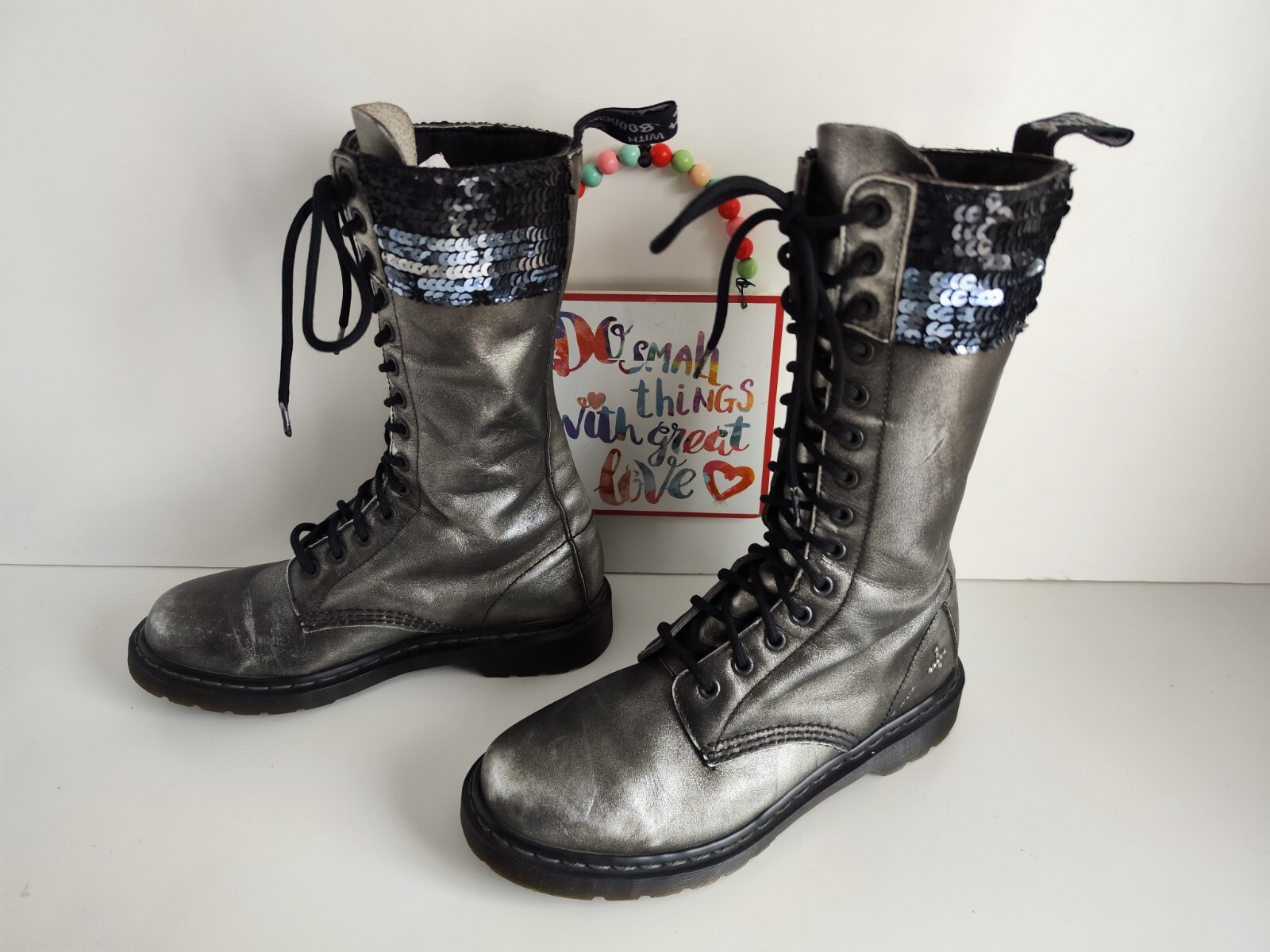 Rare Dr Doc Martens 1914 sequin Seqn 14 eye silver midcalf  boots UK6 EU39 US8 image 4