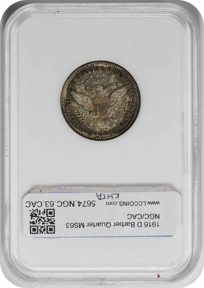 1916-D Barber Silver Quarter MS63 NGC (CAC) - Image 2 of 2