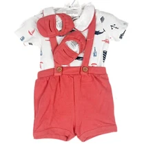 WOT Caribbean Joe Nautical Overall Bootie Set Baby Boy's Size 6-9M NEW