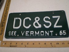 1965 65 VERMONT VT VANITY LICENSE PLATE DC&SZ DC & SZ AND INITIALS MONOGRAM