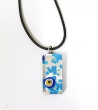 100% MURANO STAMP ART GLASS SILVER+BLUE RECTANGLE PENDANT+BLACK RUBBER NECKLACE