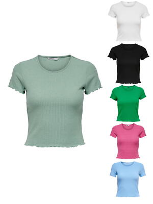 Only Damen Basic T-Shirt Crop-Top-OnlEmma Rundhals kurz-arm Rüschen Sommer Neu!!