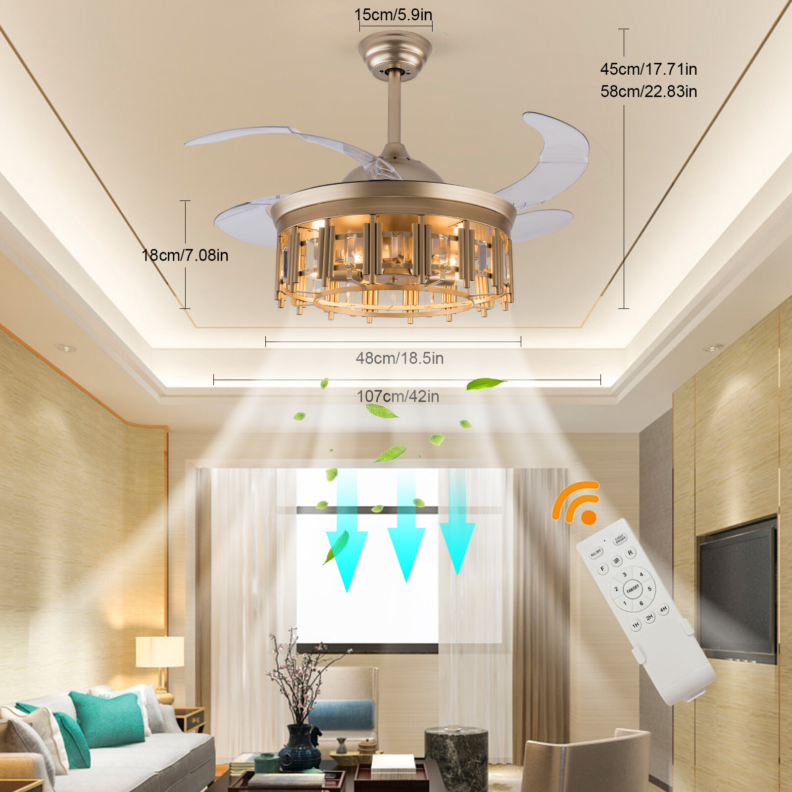 6 Speed Retractable Ceiling Fan Light 45W with Remote Control