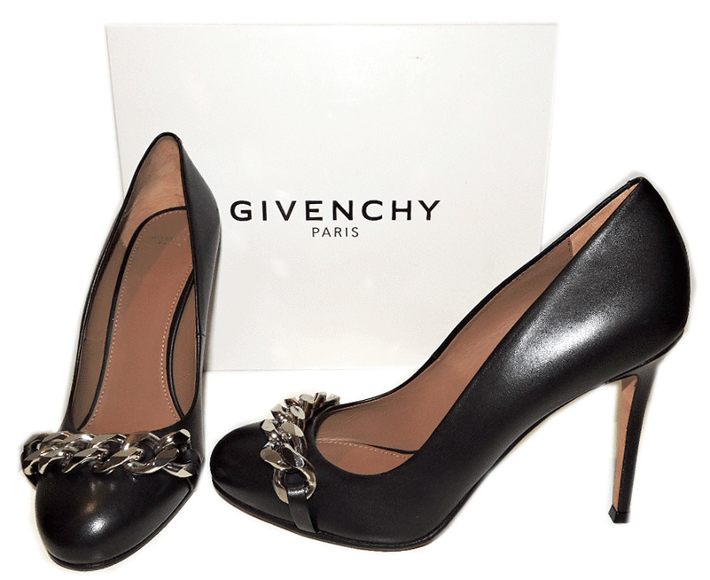 Givenchy Paris Black Leather Pumps Silver Chain Embellished Shoe