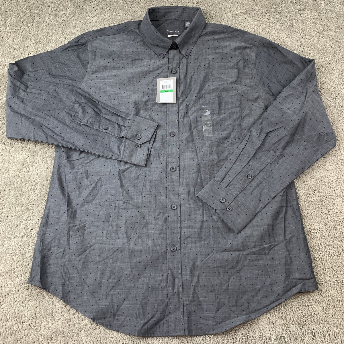 NWT Van Heusen Classic Fit Shirt Men's Size Large Gray Blue Dot