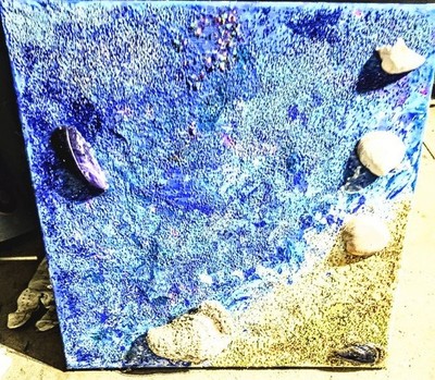 Hommade  ocean painting of shore and the ocean with seashells