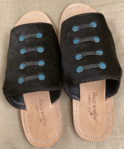 Agave Sky Hama Slide Sandal Cowhide Calf Hair Size 8-Pure Leather Sole