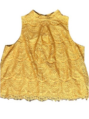 Mustard Lace Sleeveless Top High Neck Fringe Hem Boho Chic Xl