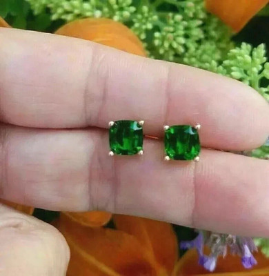Women's Stud Earrings 2Ct Cushion Cut Lab Created Emerald 14K Yellow Gold Plated