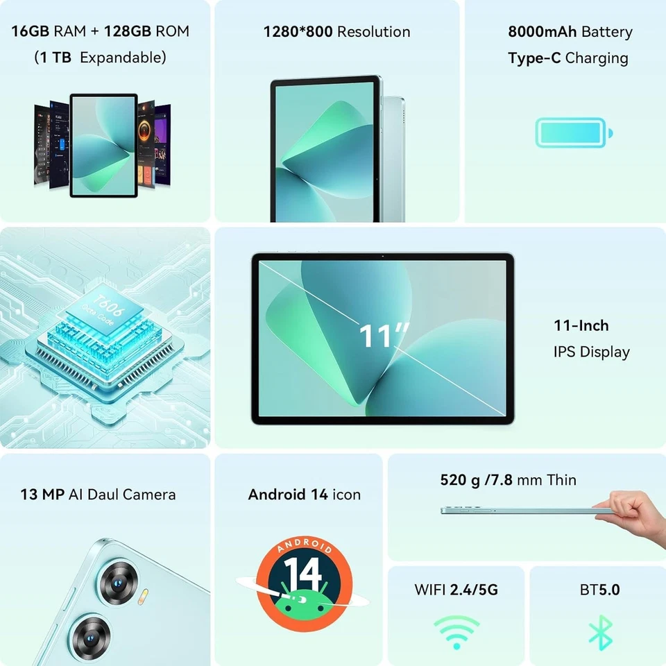 OUKITEL OT9 Android 14 WiFi Tablets 16GB+128GB/1TB 8000mAh Octa-Core Tablet 13MP - Bild 2 von 4