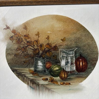 Vintage Original Oil Painting Rustic Still Life Vase Pitcher Pumpkins Fall