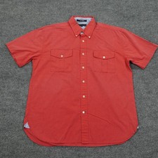 Tommy Hilfiger Shirt Mens Large Red Short Sleeve Button Up Cotton Pockets
