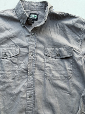 Men's Key Brand Shirt Gray Solid LR Relaxed Workwear Logo Solid Button Casual