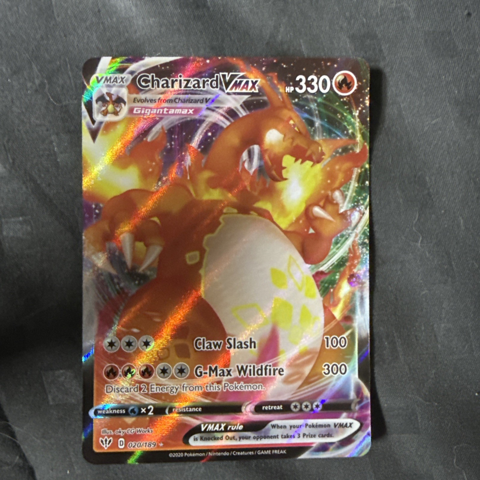 Pokemon Card Full Art Charizard Vmax 20/189 Darkness Ablaze 