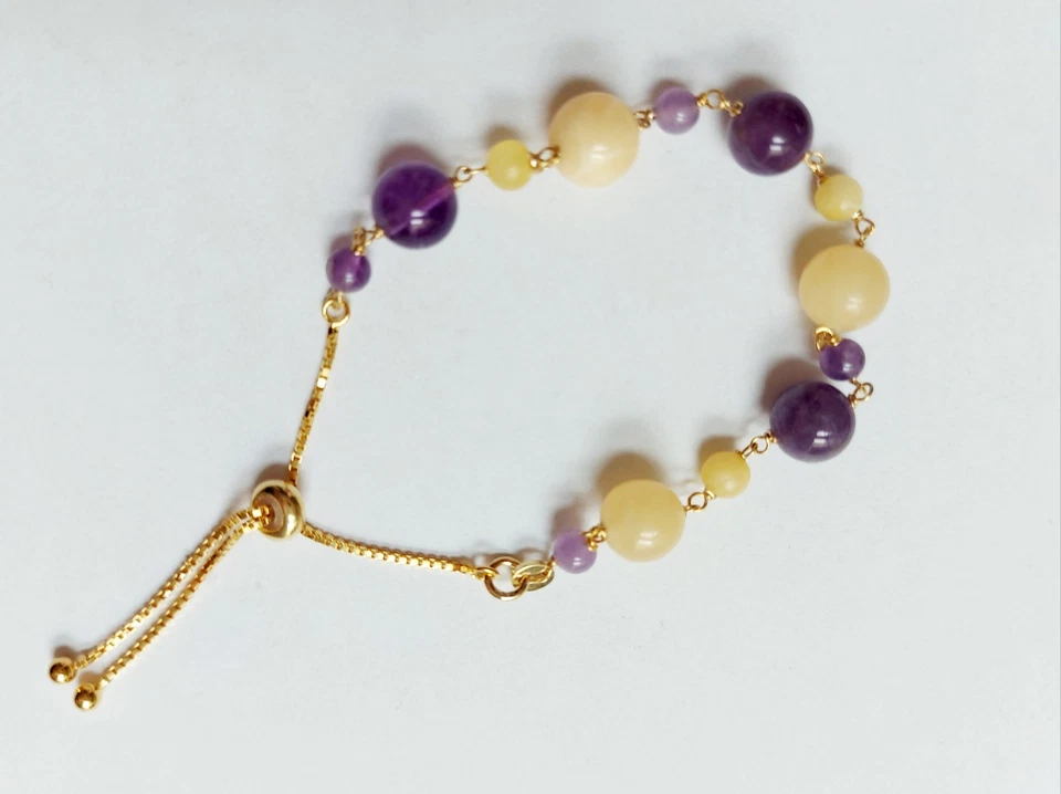 Bracciale in argento 925 dorato oro con ametista, avventurina e giada gialla  - Immagine 3 di 4