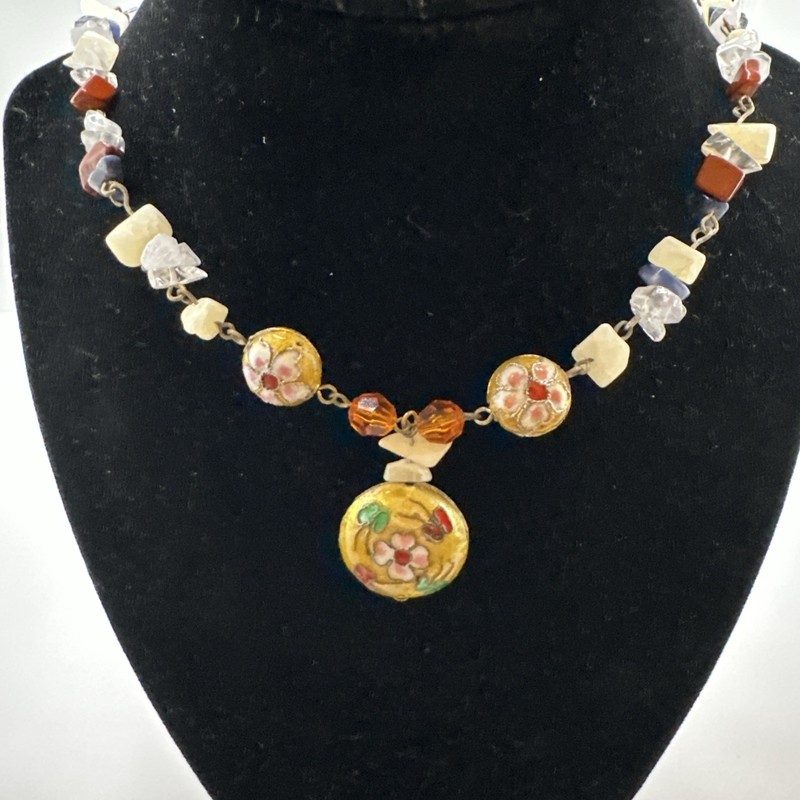 Vintage Chinese Cloisonne Enamel Quartz Carnelian Beaded Pendant Necklace