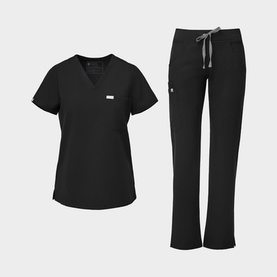 FIGS Women s Black Solid Medical Scrub Set V-Neck Top & Drawstring Pants