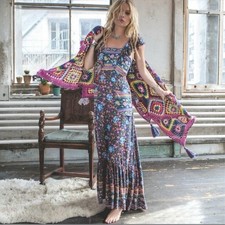 Spell & The Gypsy Folk Town Dress Size Medium M Frill Midi Floral Navy