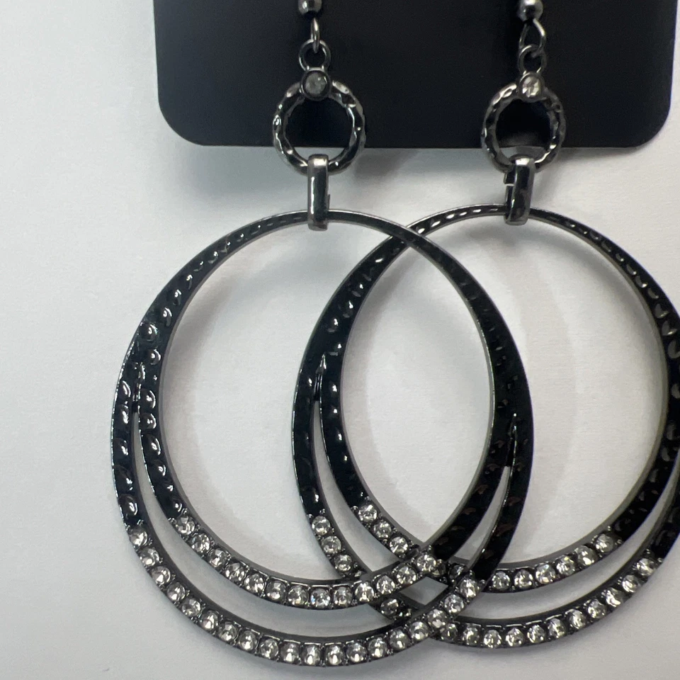 Paparazzi Gold Spin Your Heels Earrings Rhinestones Gun Metal Double Hoops Hooks - Image 3 of 3