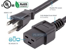 Premium IEC320 C19 To NEMA5-15P AC Power Plug Adapter Cord 15A 125V 14AWG