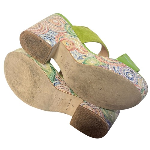 Sacha London Chunky Block Heels Size 7 Green Psychedelic Sandal Retro Statement - Imagen 10 de 14