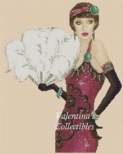 Art Deco Lady with White Feather Fan Counted Cross Stitch Chart No. 1-84e