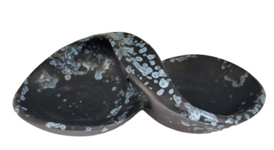 Studio Pottery Double Dish With Handle Black Blue Bubble Glaze Handmade Signed