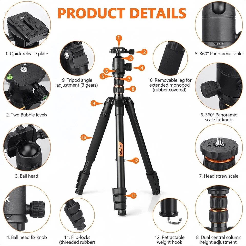Trípode de 81 pulgadas con monopie, adecuado para teléfono inteligente y cámara DSLR, disparo de 360 ° Foto 2 de 4