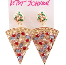 2.25" BETSEY JOHNSON PIZZA SLICE CRYSTAL RHINESTONE/ ENAMEL DROP DANGLE EARRINGS